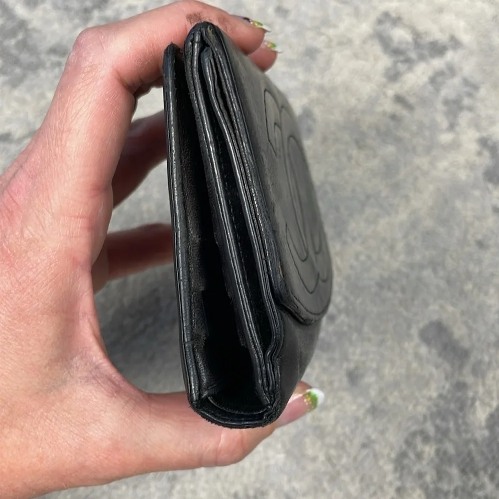 Chanel Black Leather Compact Double Snap Wallet Interlocking CC